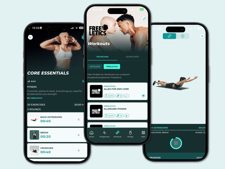 Drei App Screens der Antelope Go App mit Freeletics Inhalten. Zu sehen ist die Freeletics Workout-Übersicht, ein Freeletics-Workout sowie eine Übung.