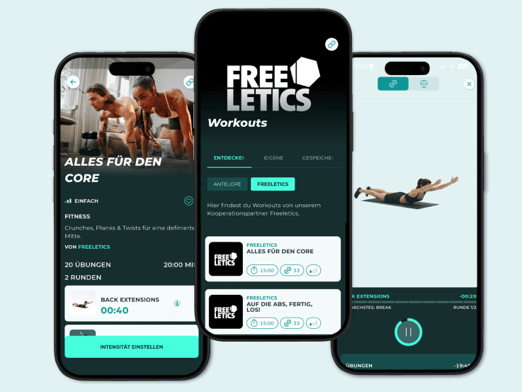 Three app screens from the Antelope Go app featuring Freeletics content. Shown are the Freeletics workout overview, a Freeletics workout, and an individual exercise.