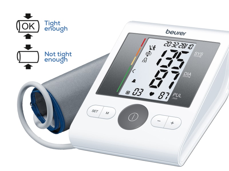 Blood pressure monitor shows whether the cuff is tight enough