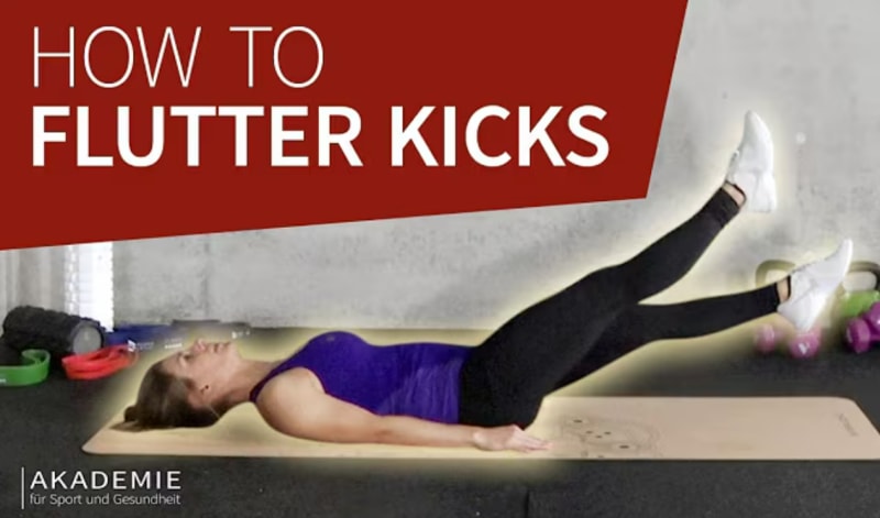 A thumbnail which says "How to Flutter Kicks". There is a woman on a mat performing the exercise.
