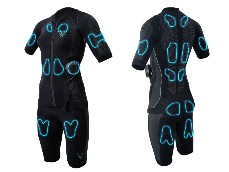 Der EMS Anzug für Frauen wird von der Vorder- und Rückseite gezeigt. Elektroden sind blau umrandet.