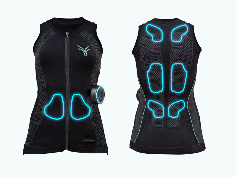 Das EMS Tank Top für Frauen wird von der Vorder- und Rückseite gezeigt. Elektroden sind blau umrandet.