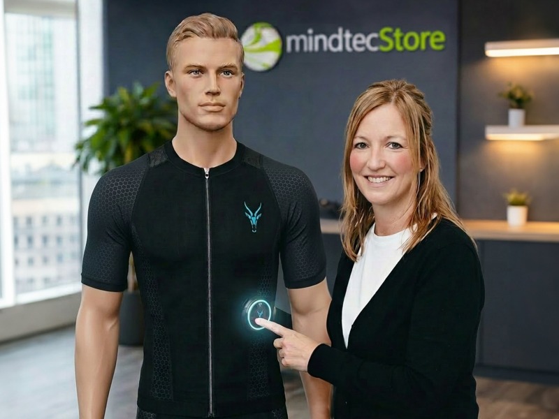 Jörne Kreuder, Marketingleiterin des MindTecStore, steht neben einer Schaufensterpuppe im Antelope Evolution EMS Anzug und zeigt auf den Booster.