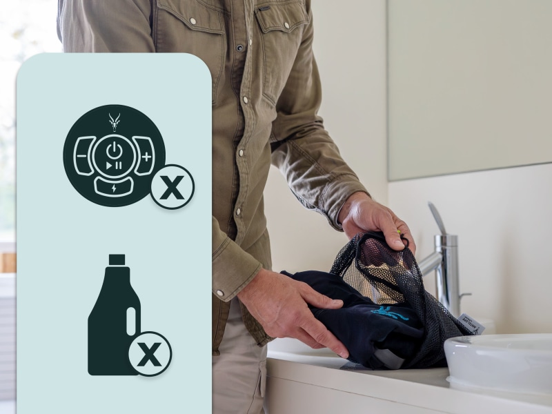 La combinaison EMS est placée dans un filet à linge. À côté, les icônes « Pas de booster » et « Pas d'assouplissant ».