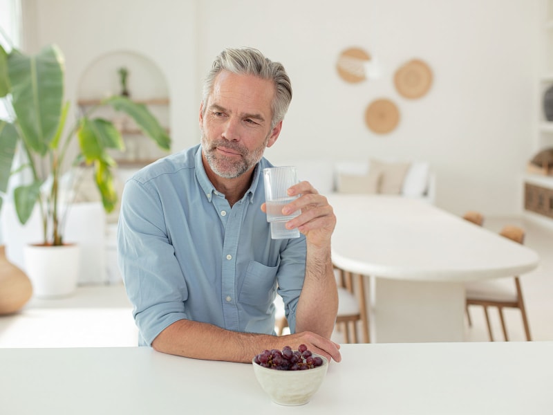 Mann sitzt in einer hellen Küche oder im Essbereich und hält ein Glas Wasser in der Hand.