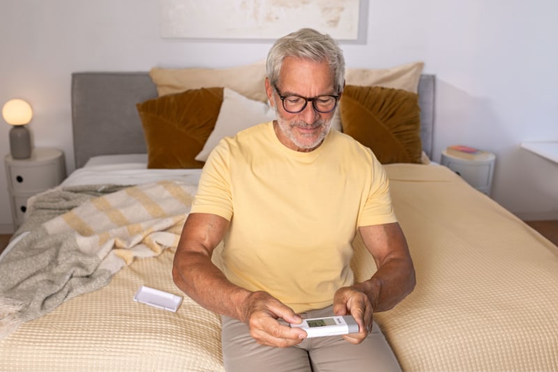 Mann sitzt auf dem Bett und nutzt das Mobile EKG-Gerät ME 95
