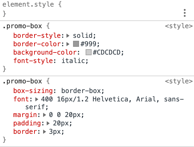 A screen capture of the styles applied for the promo box structure the using MLC