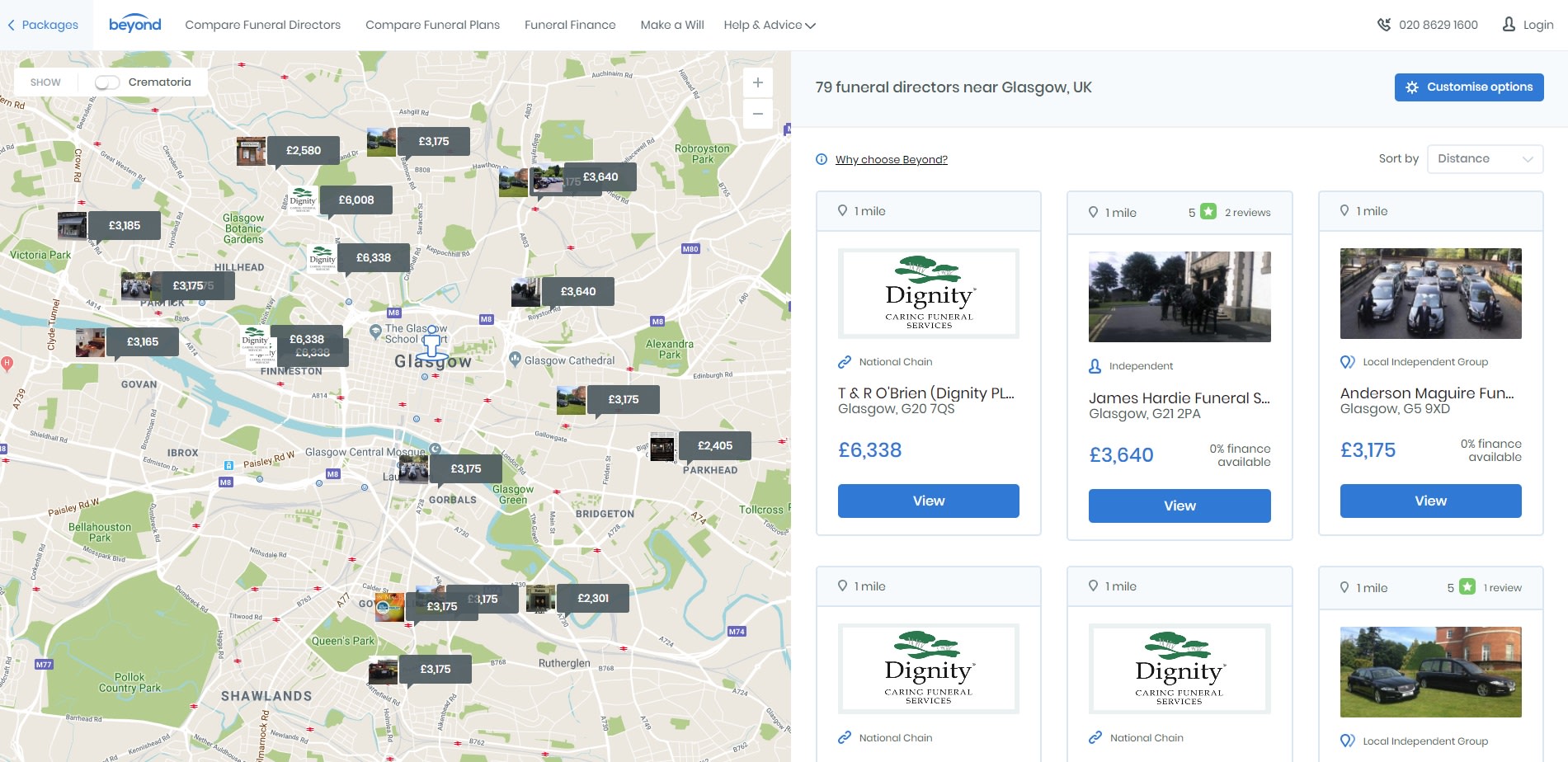 Funeral Prices in Glasgow - screenshot from www.beyond.life