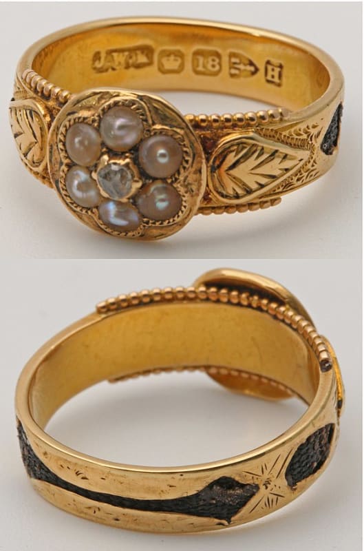 A Victorian mourning ring with hair sealed into the gold.