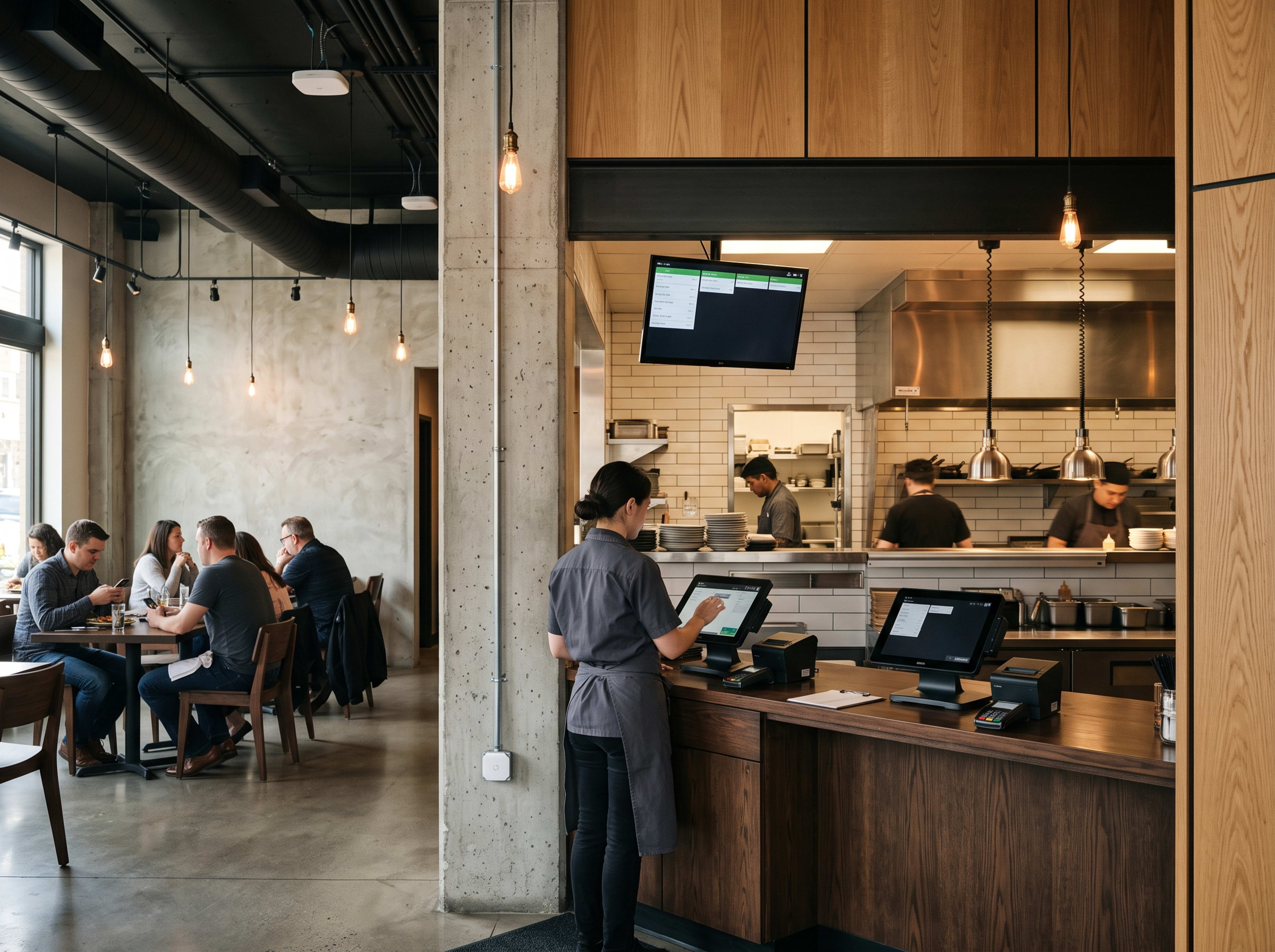 Restaurant dining and service area with integrated point-of-sale systems