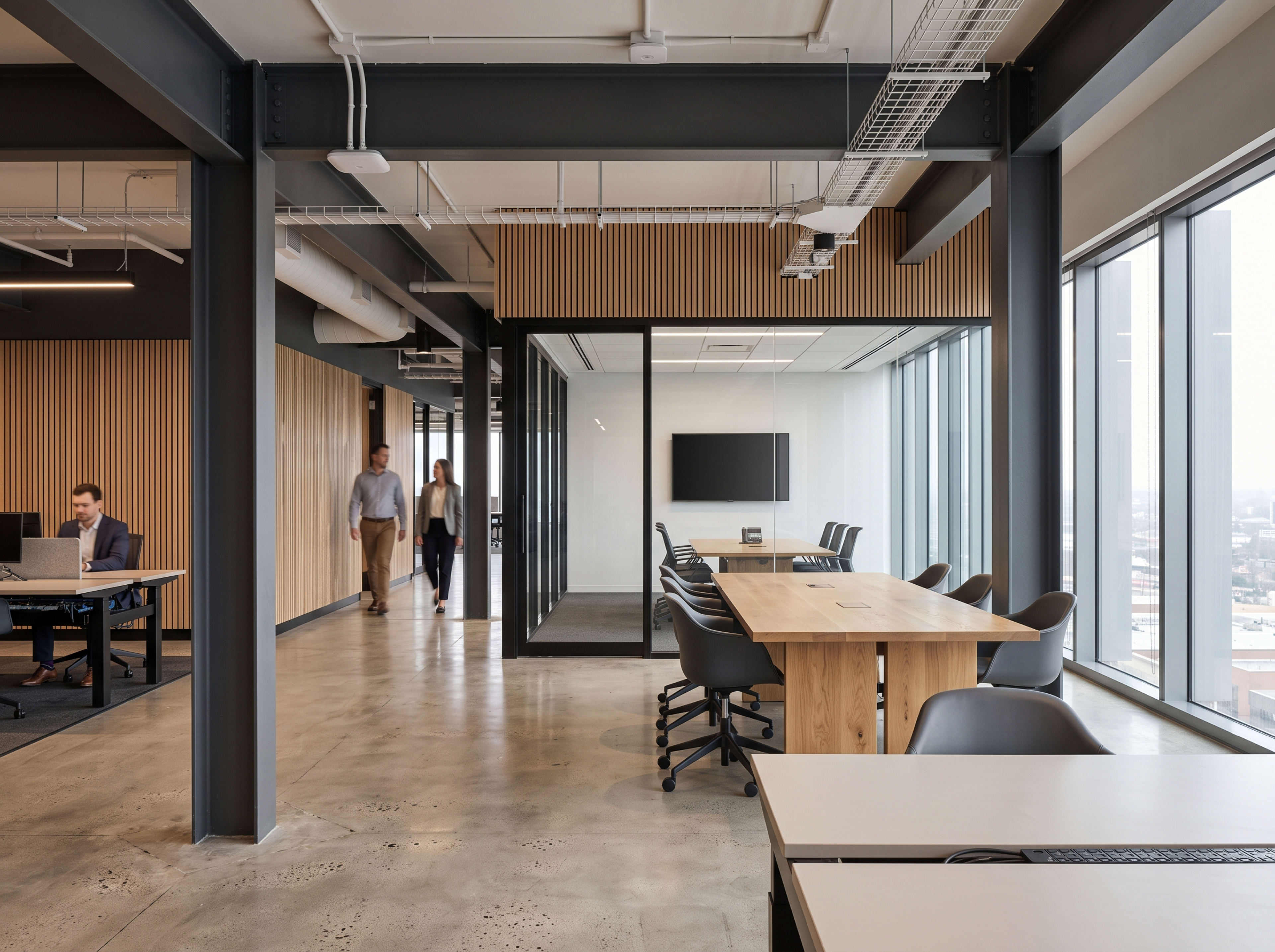 Modern professional office with conference rooms and integrated technology infrastructure