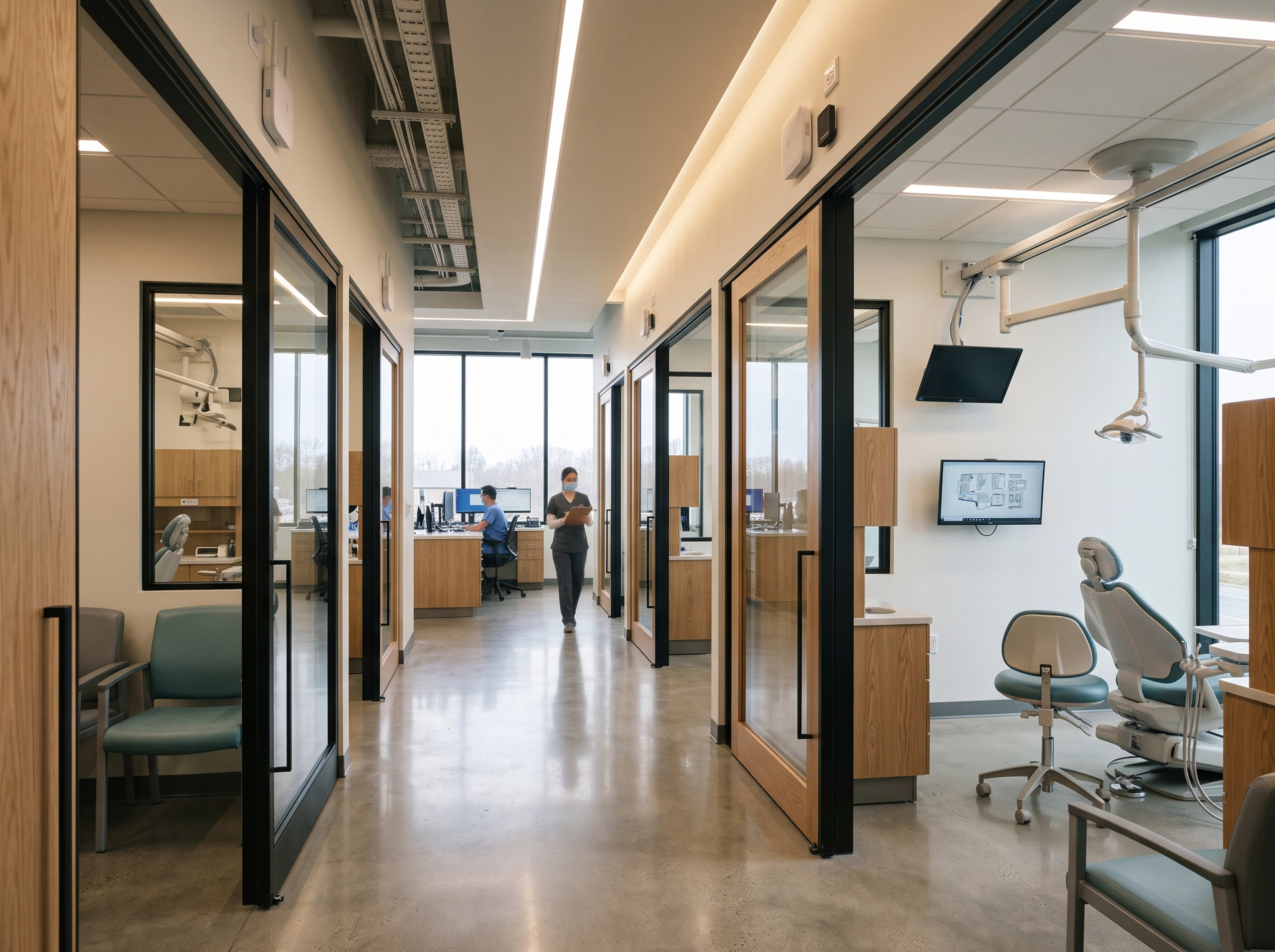Modern dental and outpatient clinical facility with integrated workstations and technology