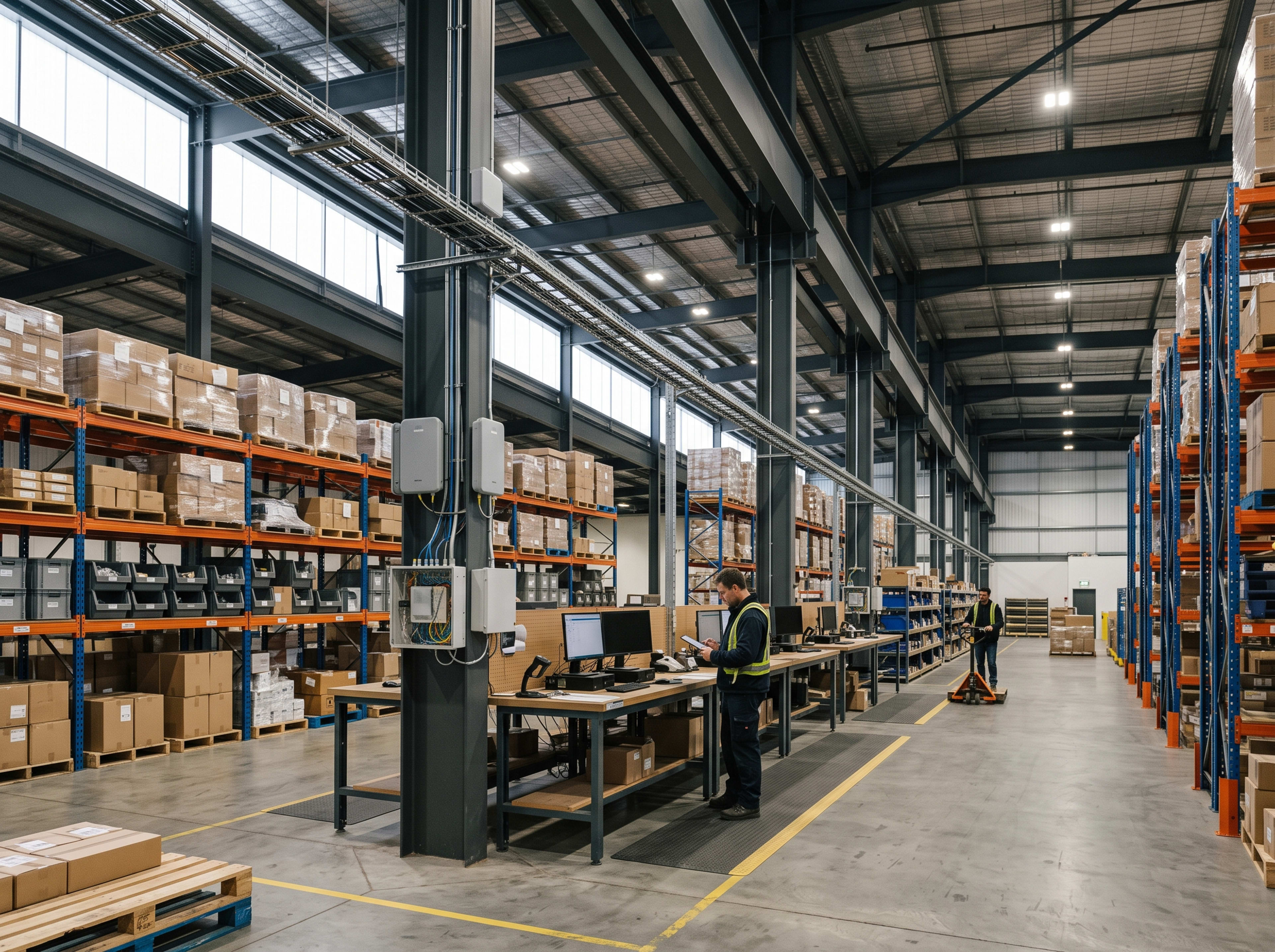 Warehouse operation with workstations and technology infrastructure across the facility