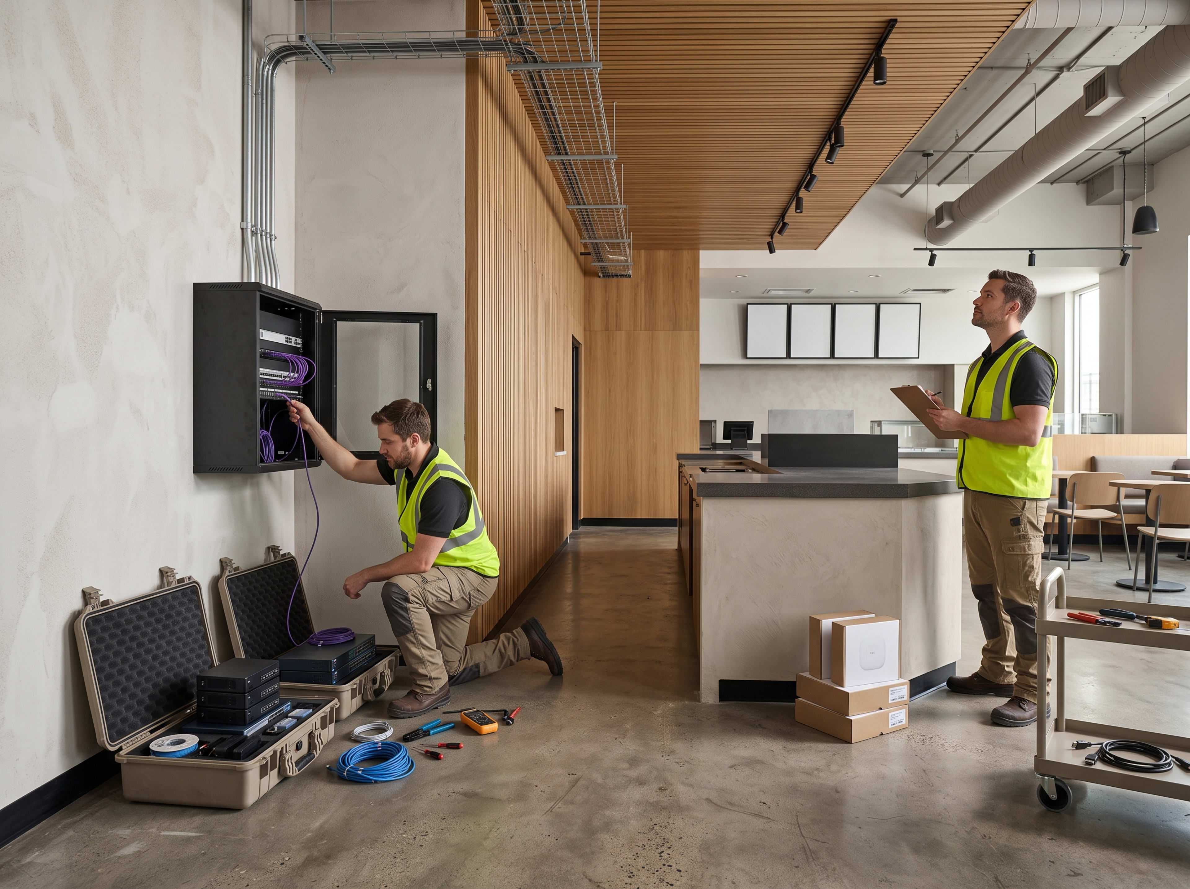 Technology deployment team installing a standardized network package in a commercial location