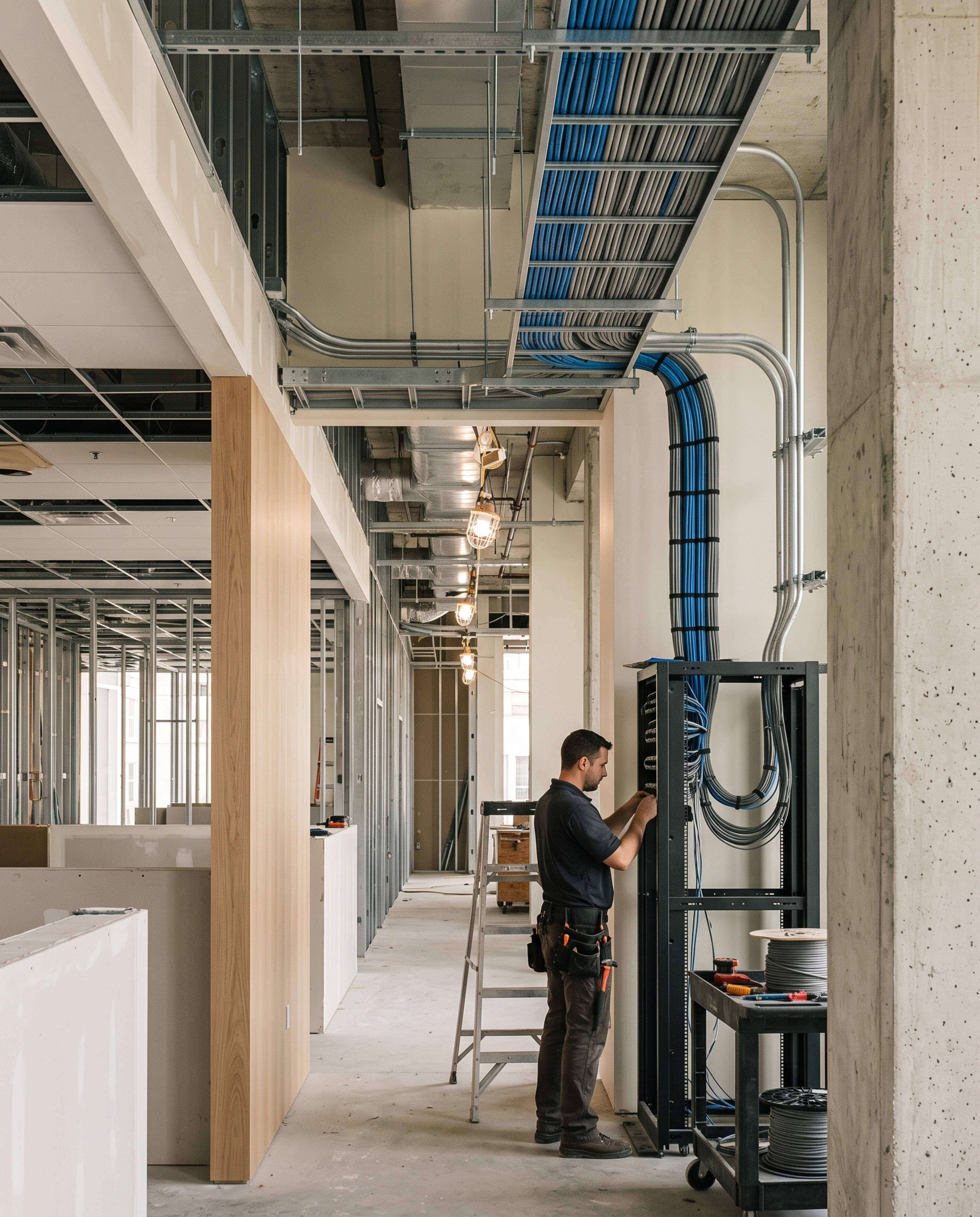 Technician installing network infrastructure at an equipment rack during a commercial interior buildout, with overhead cable tray running through the ceiling