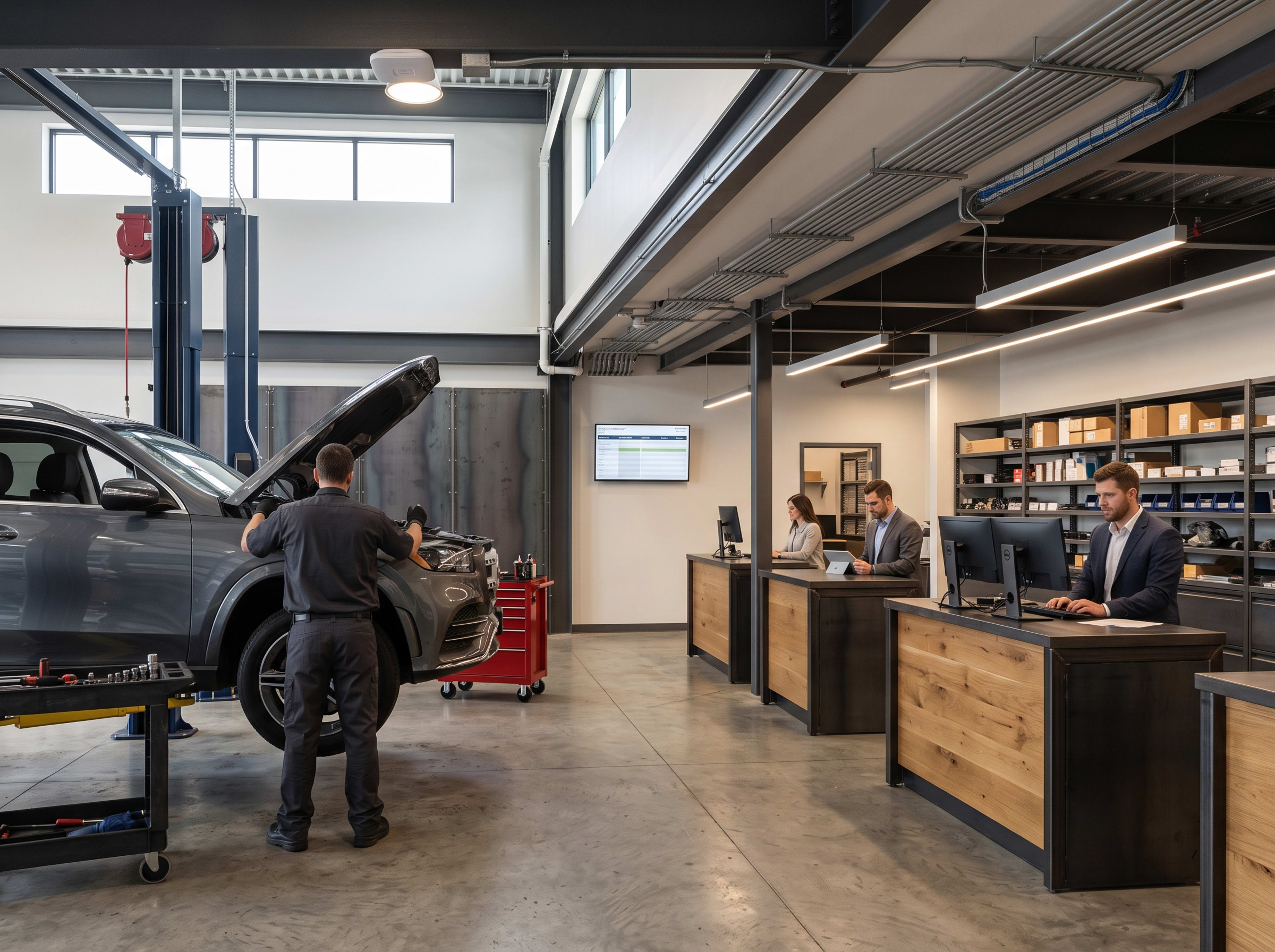 Automotive service facility with technician and technology-enabled advisor workstations