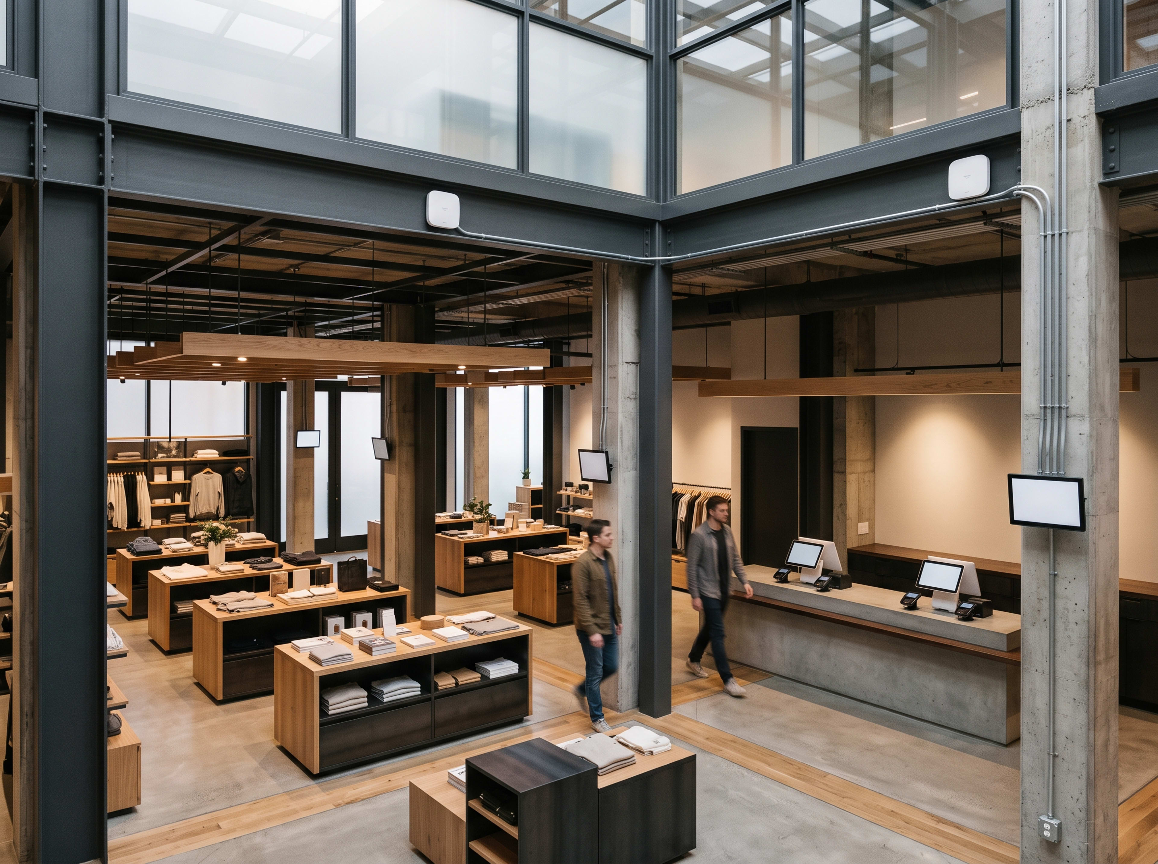 Modern retail interior with point-of-sale and wireless technology infrastructure