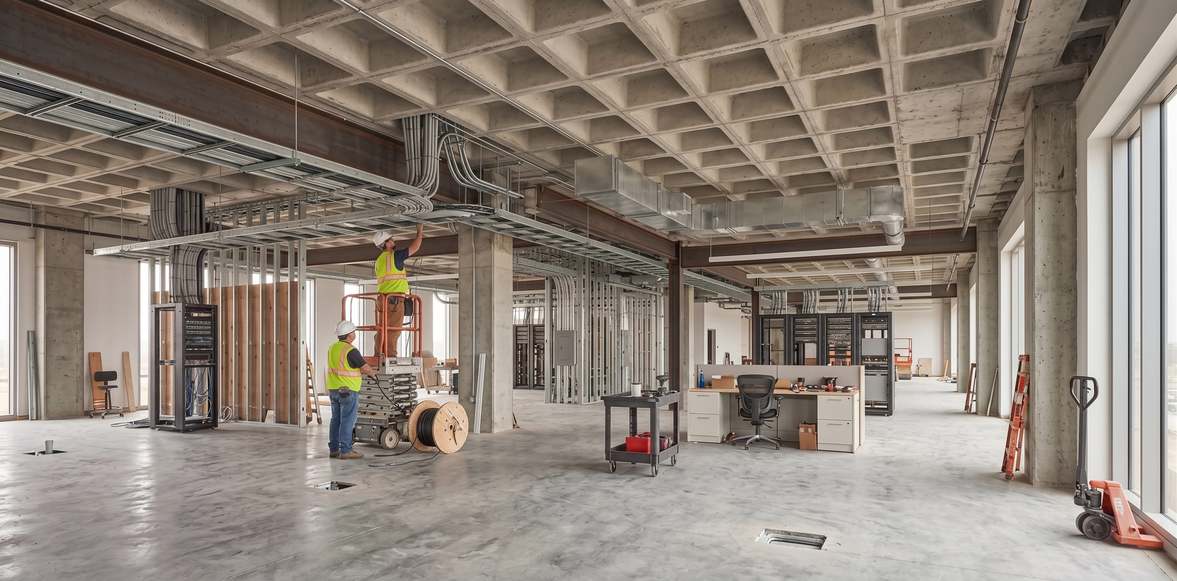Technicians installing technology infrastructure beneath an exposed ceiling grid during a large commercial buildout
