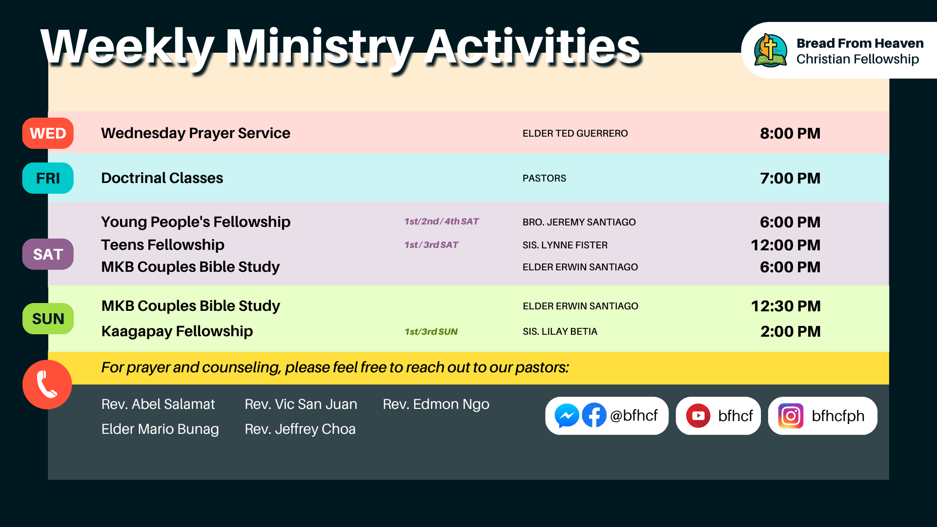 BFHCF weekly ministry activities schedule