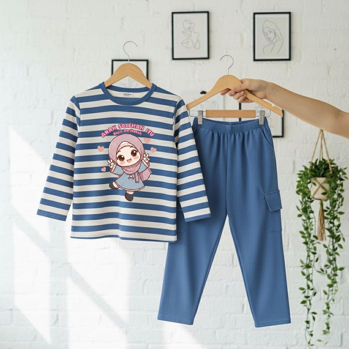 SETELAN ANAK PEREMPUAN 3- 12  TAHUN MOTIF  | HIJAB ANAK SOLEHAH | CELANA CARGO PP SALUR BAHAN KATUN VISTA TERY - BIRU, NO 4 (2-3 TAHUN)