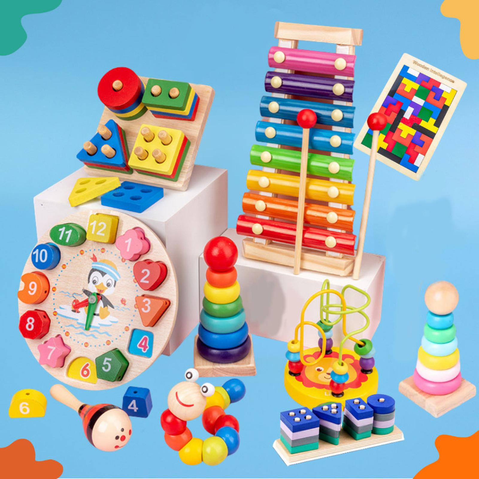 Basic Kayu Edukasi Sensory Montessori Mini Round Beads Jam Puzzle 3D Shape Geometri Xylophone Mainan Anak - Jam Kayu