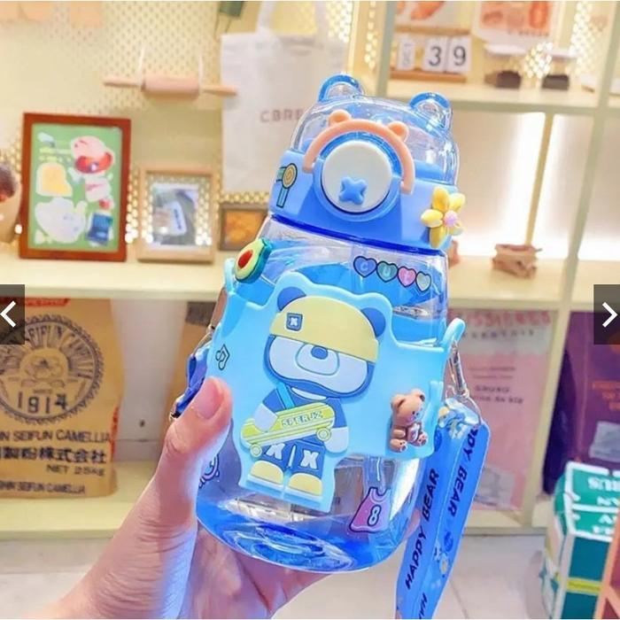 BOTOL MINUM ANAK LUCU HAPPY BEAR 600ml FREE SEDOTAN , TALI & Stiker - Zansen Shop - Biru