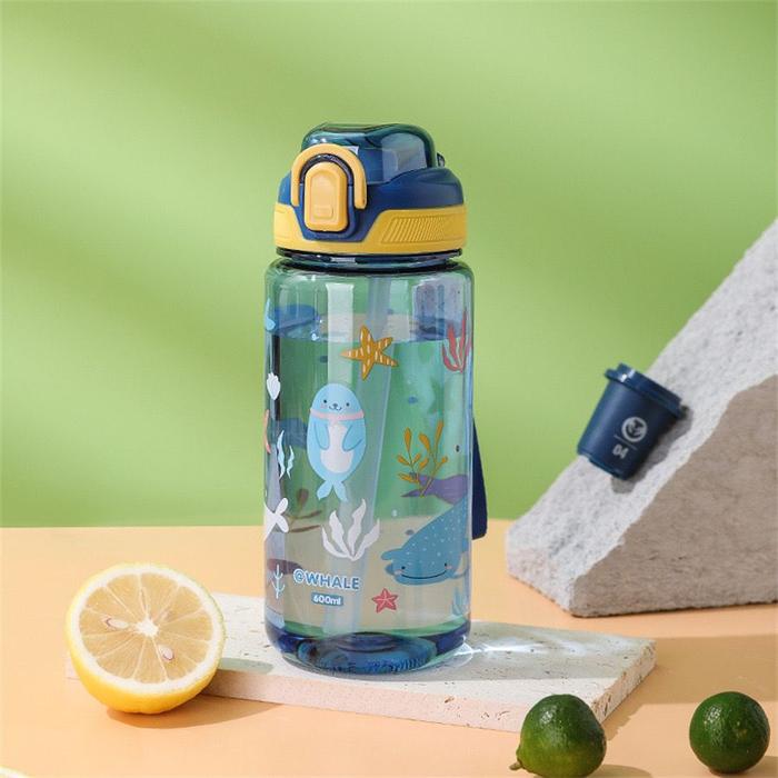 Botol Minum Karakter 600ml Sedotan Anak Sekolah Tk Sd Kartun Anak Laki Laki Perempuan - Blue Whale