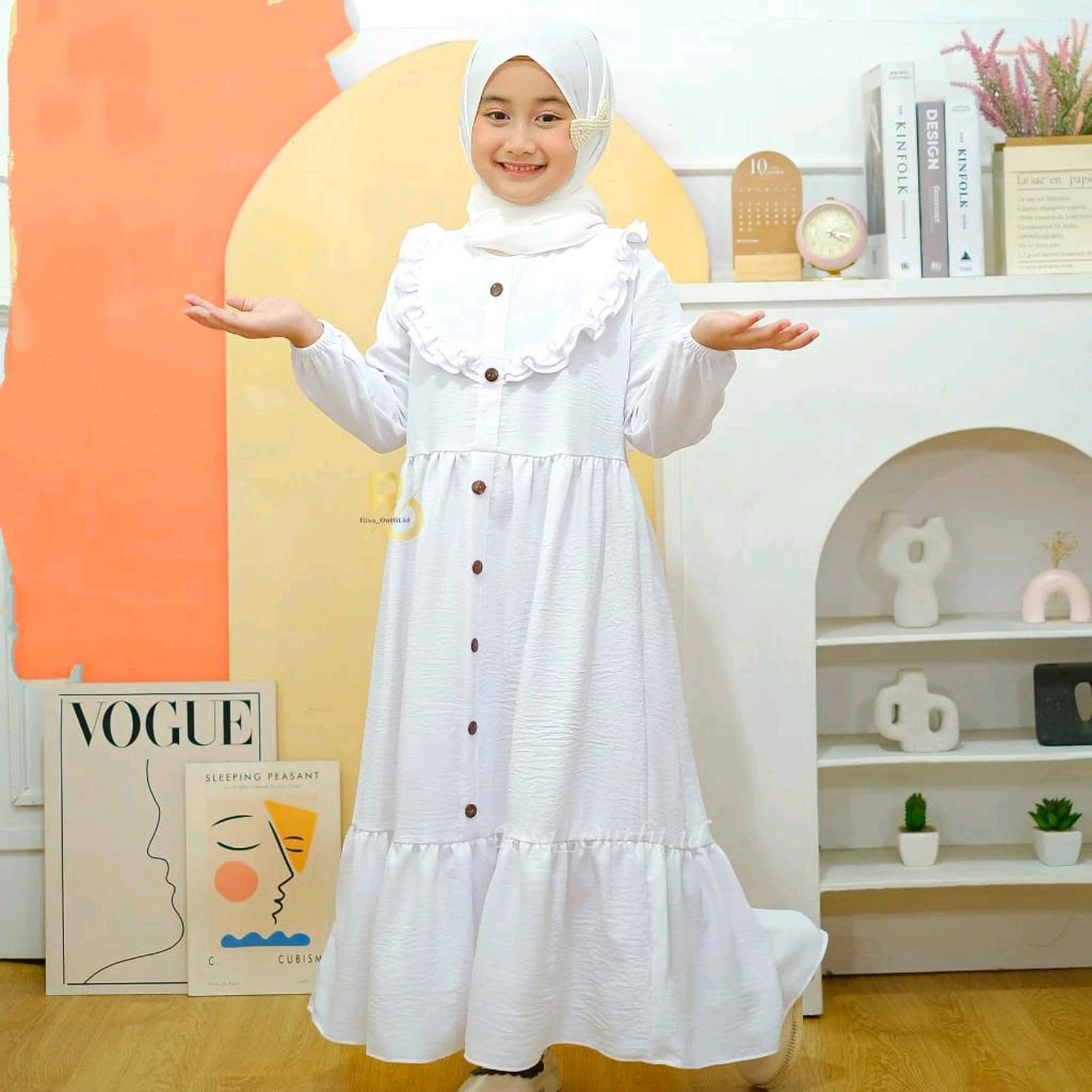 Gamis Anak Perempuan Crinkle Airflow Nyaman Panjang Dress Baju Lembut Muslim Usia 2-12 Tahun Bahan Adem Meyerap Keringat Cocok untuk Aktivitas dan Mengaji - putih, Size 2(1-2 tahun)