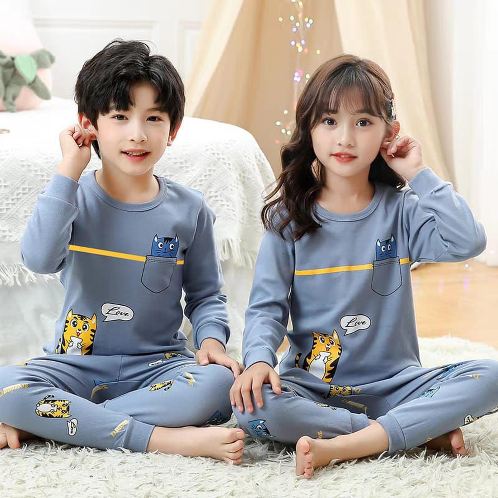 setelan baju tidur anak lengan panjang cewek/cowok unisex size S M L XL XXL - kcg biru, M (4-5 thn)