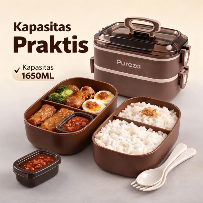 Kotak Makan 1650ML Besar Bento Box 4 Sekat lunchbox Anti Bocor Wadah Makanan Praktis Sendok Garpu Kotak Praktis Sekolah Kantor - cream 1 Layer
