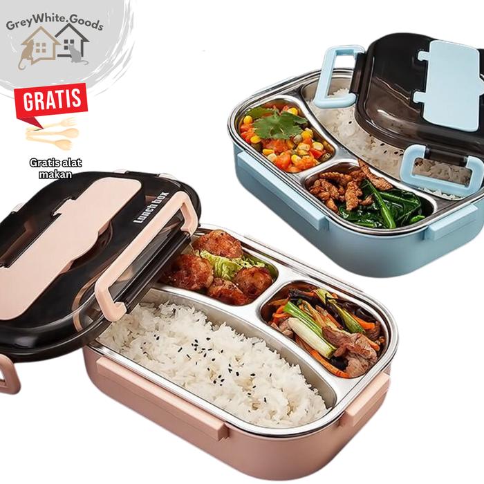 Lunch Box Kotak Makan Stainless Steel SUS 304 Set Sendok Sumpit Tahan Panas dengan Bagian Dalam Dapat Dihangatkan Microwave atau Air Panas Thick Modern Lunch Boxes - Biru 3 Sekat