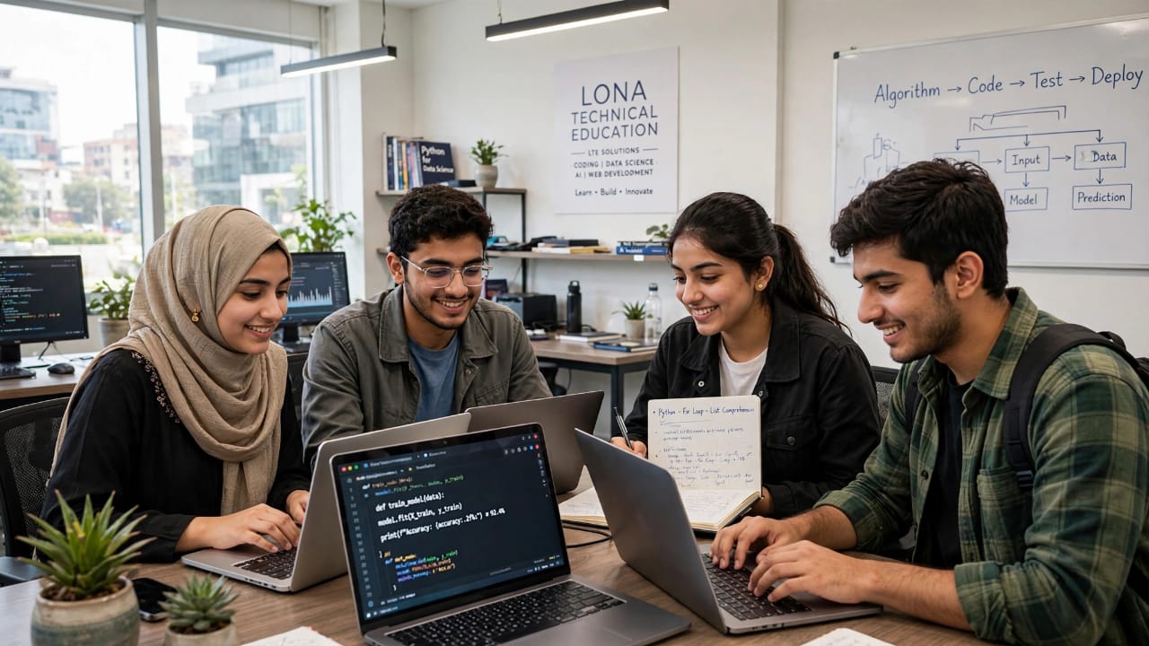Pakistani students and developers collaborating in the Lona Technical Education lab