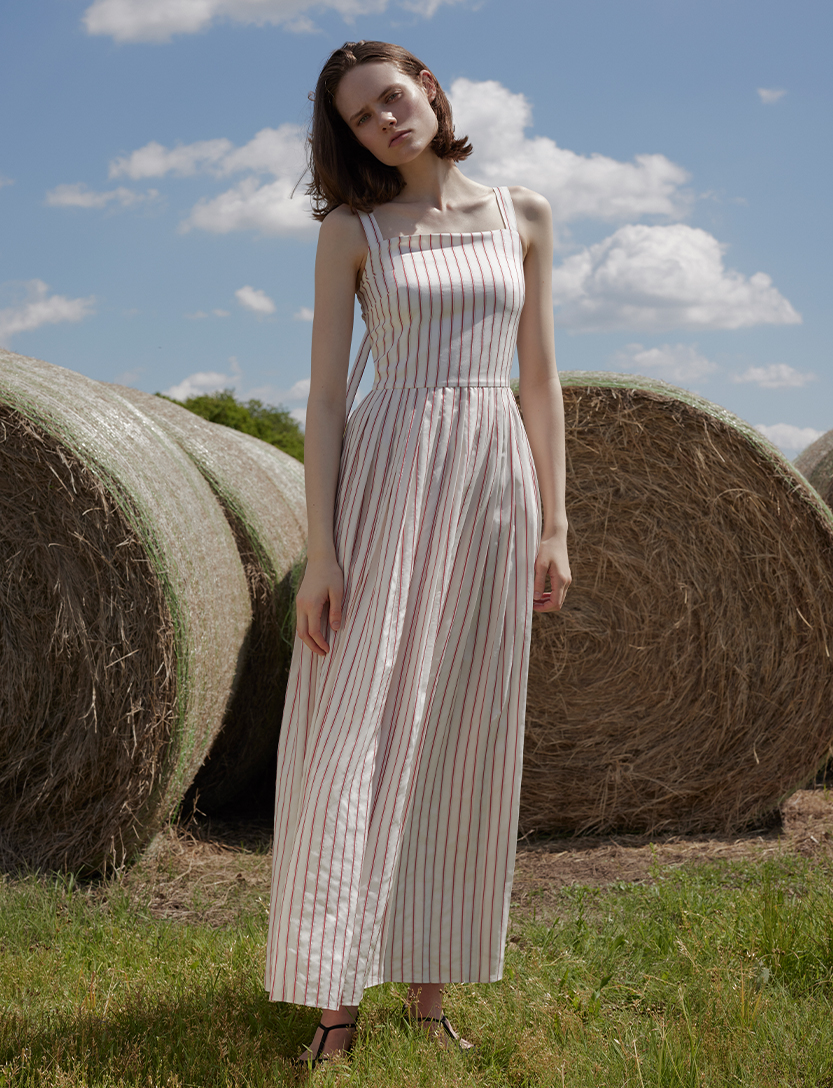 Model wears Adam Lippes - Medici Dress In Stripe Shirting