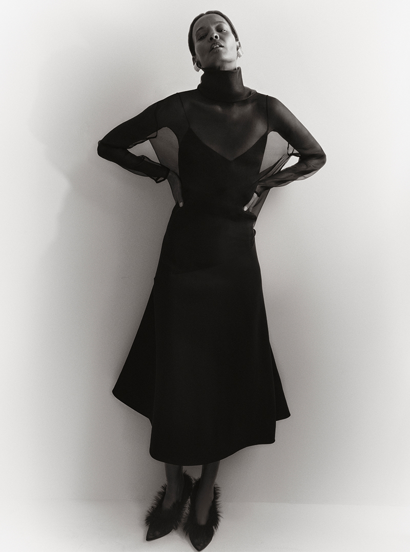Model Wears Khaite - Bellamy Paneled Long-Sleeve Sheer Silk Maxi Dress