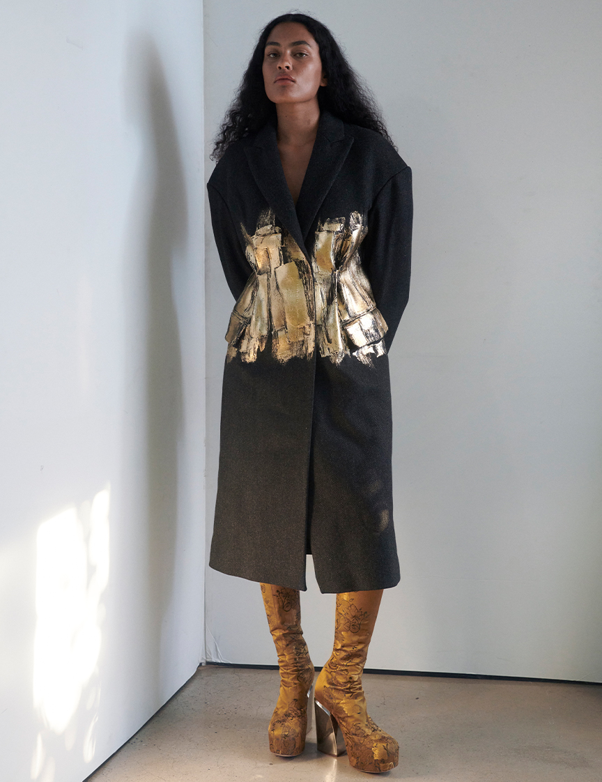 Model Wears Dries Van Noten - Ravis Abstract Wool Coat