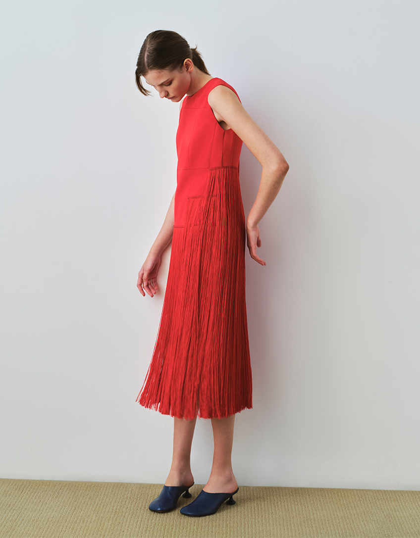 Model Wears Akris - Silk Crepe Fringe Midi Dress