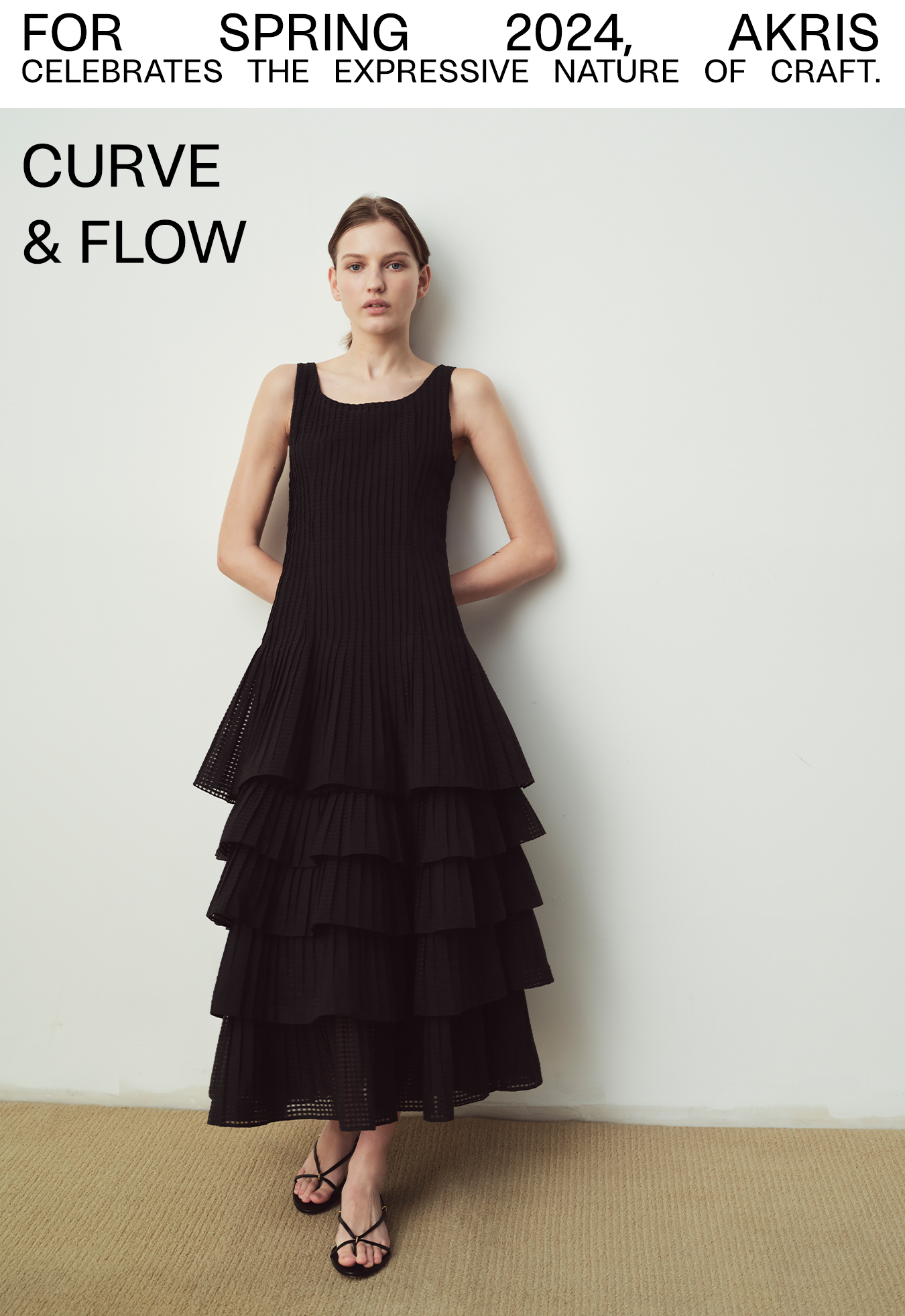 Model Wears Akris - Organza Grid Midi Dress with Plisse Layer Skirt