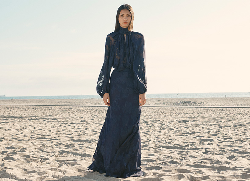 Model wears Etro - Solid Fil Coupe Balloon-Sleeve Blouse and Solid Fil Coupe Maxi Skirt
