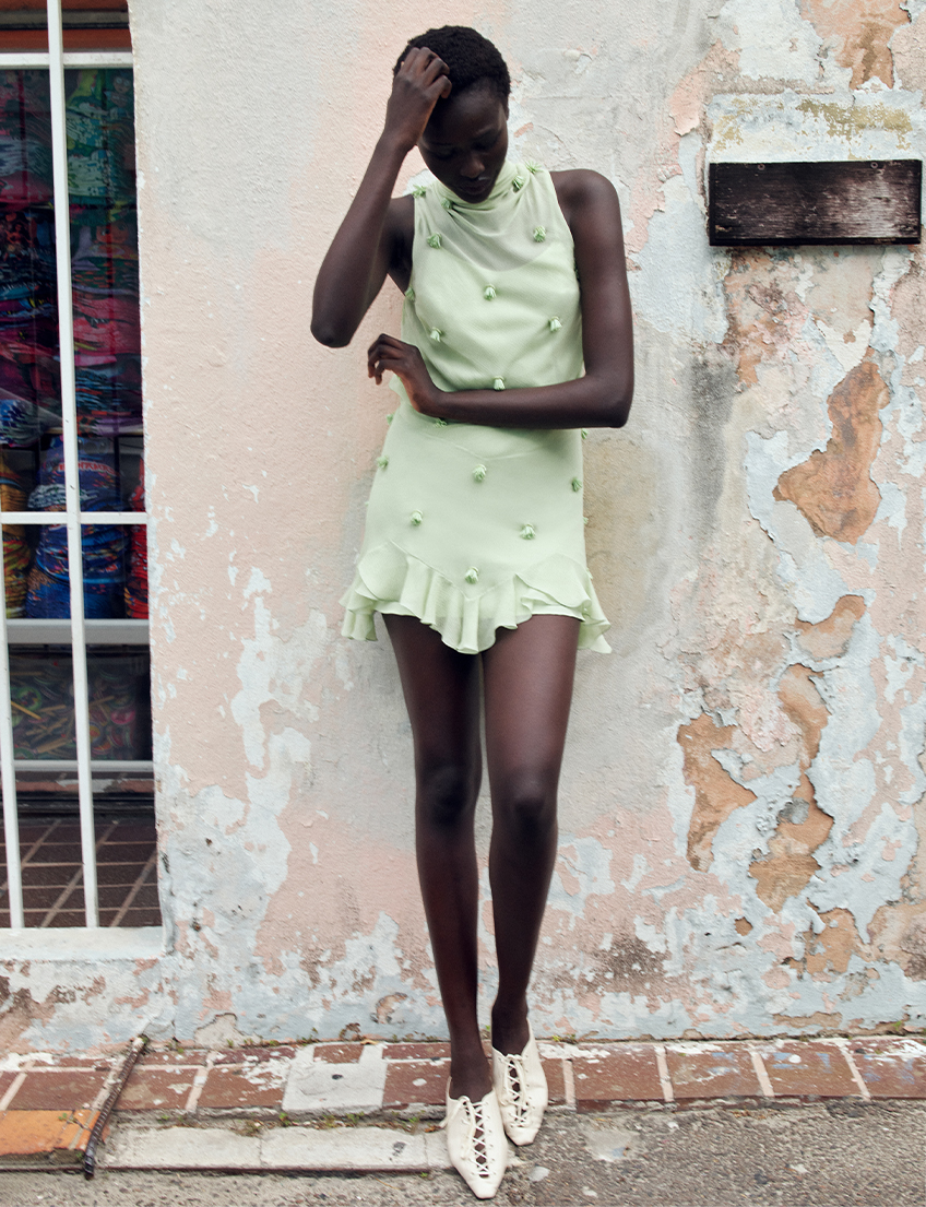 Model Wears Stella McCartney - Beaded Scarf-Neck Ruffle Mini Dress