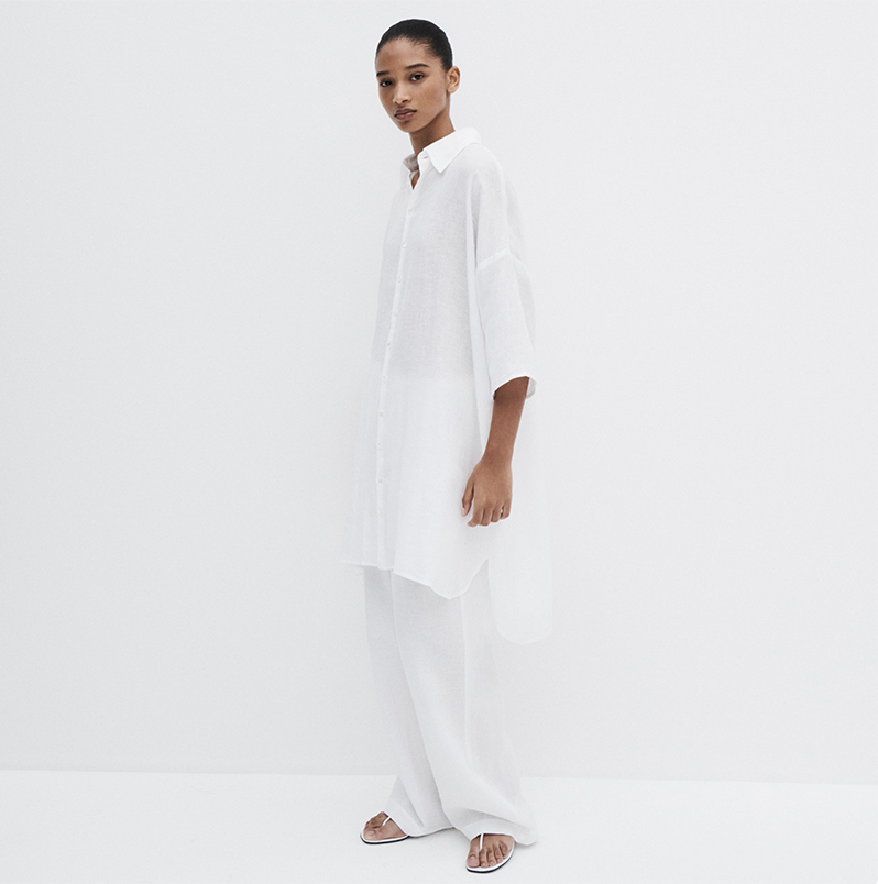 Model wears Eskandar - Wide A-Line Waffle Shirt With Collar (Very Long) With Slits and Patch-Pocket Straight-Leg Drawstring Trousers