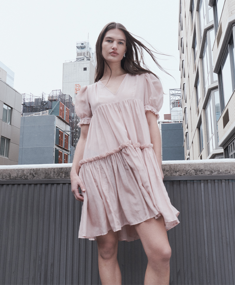 Model Wears Nina Ricci - Tiered Puff-Sleeve Babydoll Mini Dress