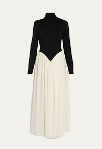 Chloé - Turtleneck Long-Sleeve V-Waist Gauze Fit-&-Flare Gown