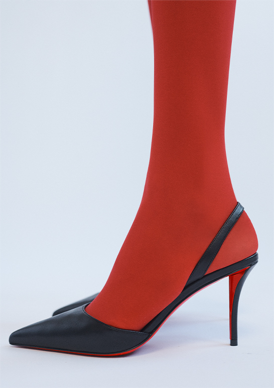 Model Wears Christian Louboutin - Apostropha Leather Slingback Red Sole Pumps