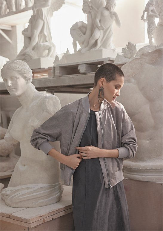 Model Wears Brunello Cucinelli - Irridecent Suede Zip-Front Bomber Jacket