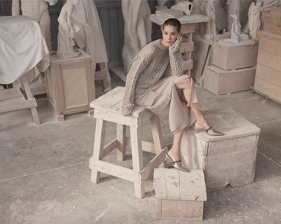Model Wears Brunello Cucinelli - Cotton Open Weave Crochet Sweater and Organza Sheer Cargo Maxi Skirt