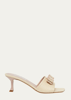 FERRAGAMO - Isalira Raffia Bow Mule Sandals