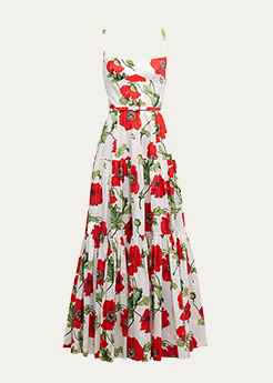 OSCAR DE LA RENTA - Poppies-Print Sleeveless Belted Tiered Maxi Dress