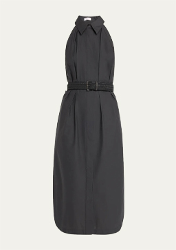 Brunello Cucinelli - Techno Cotton Popeline Shirtdress with Raffia Belt and Monili Detail