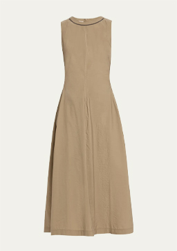 Brunello Cucinelli - Techno Cotton Popeline Midi Dress with Monili Collar Detail