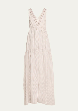 Brunello Cucinelli - Cotton Silk Striped Maxi Dress with Ruffled Waist and Monili Detail